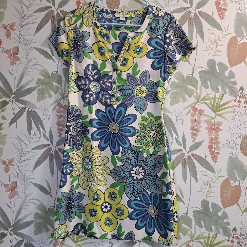 Boden Blue Green Yellow Silk Floral Vneck Mini Sundress Dress Women's Size 4 - Picture 1 of 10